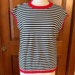 Women's Striped Black and White Sweater with Red Trim. Women’s Size XL